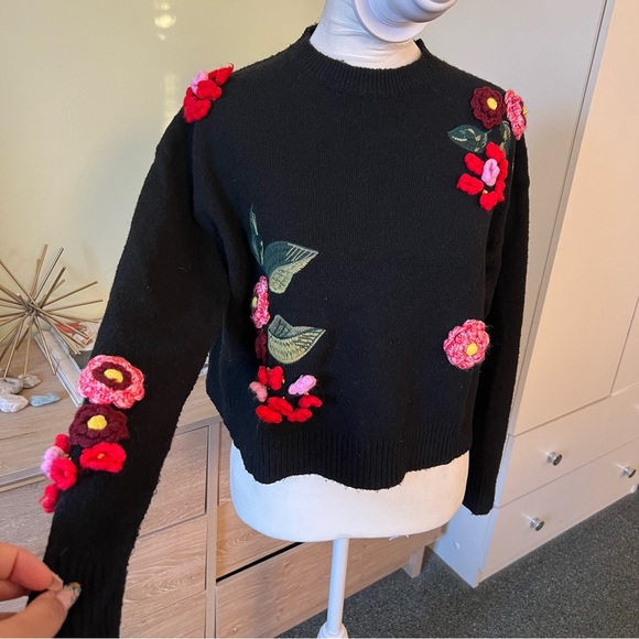 shift Sweaters - 3D Flower Appliqué Tufted Embroidered Wool Blend Oversized Baggy Modest Sweater